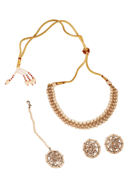 Saloni Fashion Jewellery Flower and Circle Shape Pearl Brown Kundan Stone Antique Gold Plated Choker Necklace With Maang Tikka For Women and Girls