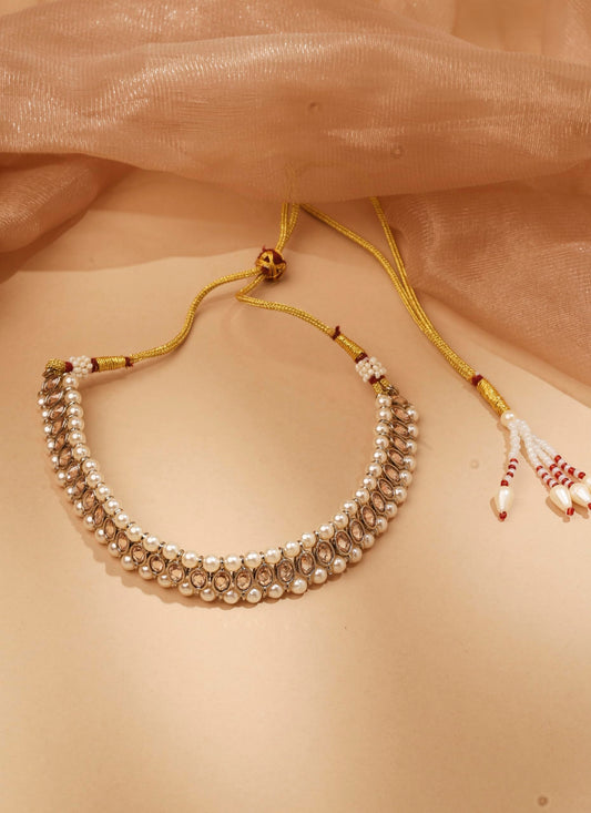 Saloni Fashion Jewellery Flower and Circle Shape Pearl Brown Kundan Stone Antique Gold Plated Choker Necklace With Maang Tikka For Women and Girls