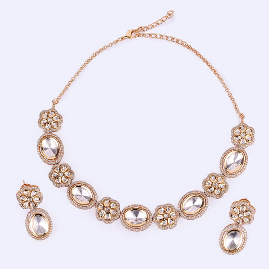 Saloni Fashion Jewellery Flower and Circle Shape Uncut Kundan Stone 18 KT Gold Plated Brass Choker Necklace Set For Women and Girls