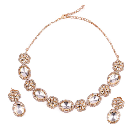 Saloni Fashion Jewellery Flower and Circle Shape Uncut Kundan Stone 18 KT Gold Plated Brass Choker Necklace Set For Women and Girls