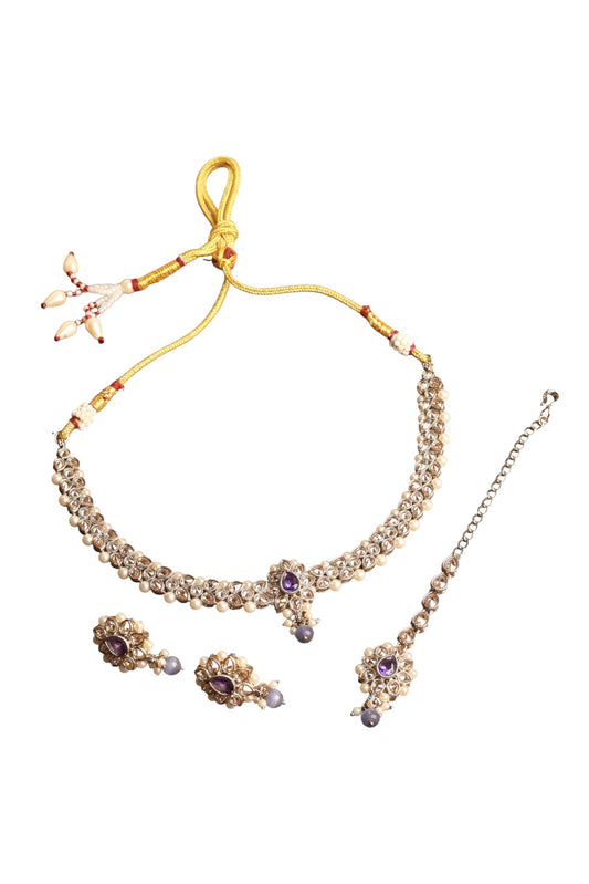 Saloni Fashion Jewellery Flower and Oval Shape Blue Kundan Stone Antique Gold Plated Choker Necklace Set with Maang Tikka For Women and Girls