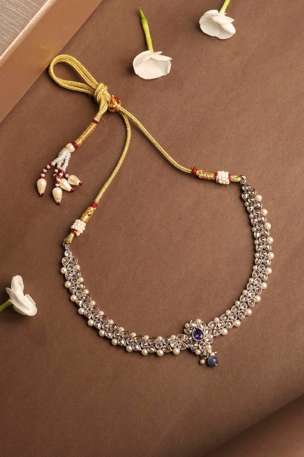 Saloni Fashion Jewellery Flower and Oval Shape Blue Kundan Stone Antique Gold Plated Choker Necklace Set with Maang Tikka For Women and Girls