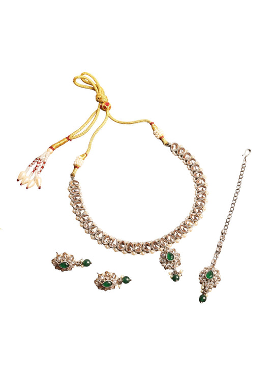 Saloni Fashion Jewellery Flower and Oval Shape Green Kundan Stone Antique Gold Plated Choker Necklace Set with Maang Tikka For Women and Girls