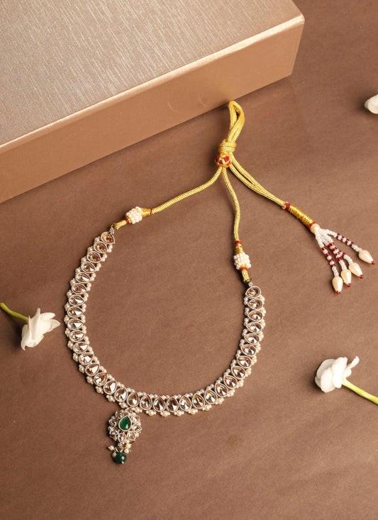 Saloni Fashion Jewellery Flower and Oval Shape Green Kundan Stone Antique Gold Plated Choker Necklace Set with Maang Tikka For Women and Girls