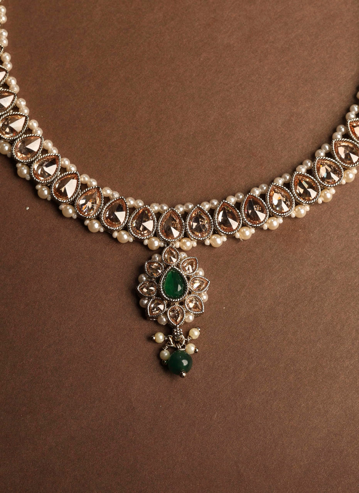 Saloni Fashion Jewellery Flower and Oval Shape Green Kundan Stone Antique Gold Plated Choker Necklace Set with Maang Tikka For Women and Girls