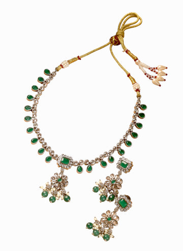 Saloni Fashion Jewellery Flower and Oval Shape Green Kundan Stone Antique Gold Plated Brass Choker Necklace Set For Women and Girls