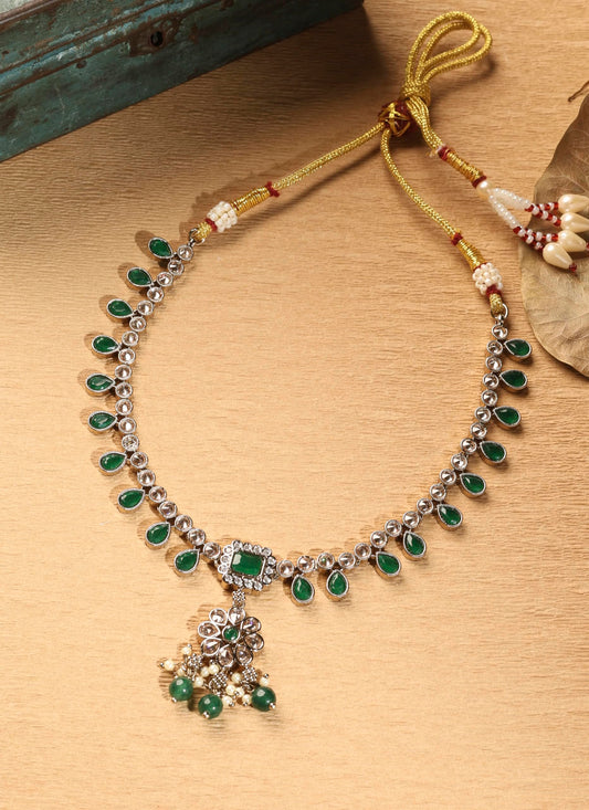 Saloni Fashion Jewellery Flower and Oval Shape Green Kundan Stone Antique Gold Plated Brass Choker Necklace Set For Women and Girls
