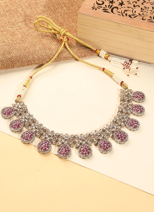 Saloni Fashion Jewellery Flower and Oval Shape Red Kundan Stone Antique Gold Plated Brass Choker Necklace Set with Maang Tikka For Women and Girls