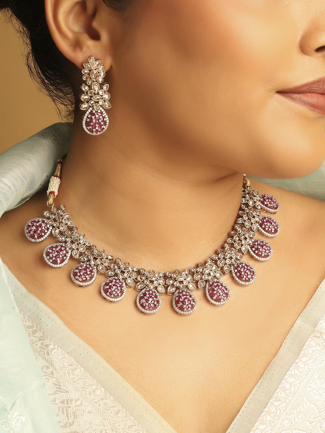 Saloni Fashion Jewellery Flower and Oval Shape Red Kundan Stone Antique Gold Plated Brass Choker Necklace Set with Maang Tikka For Women and Girls