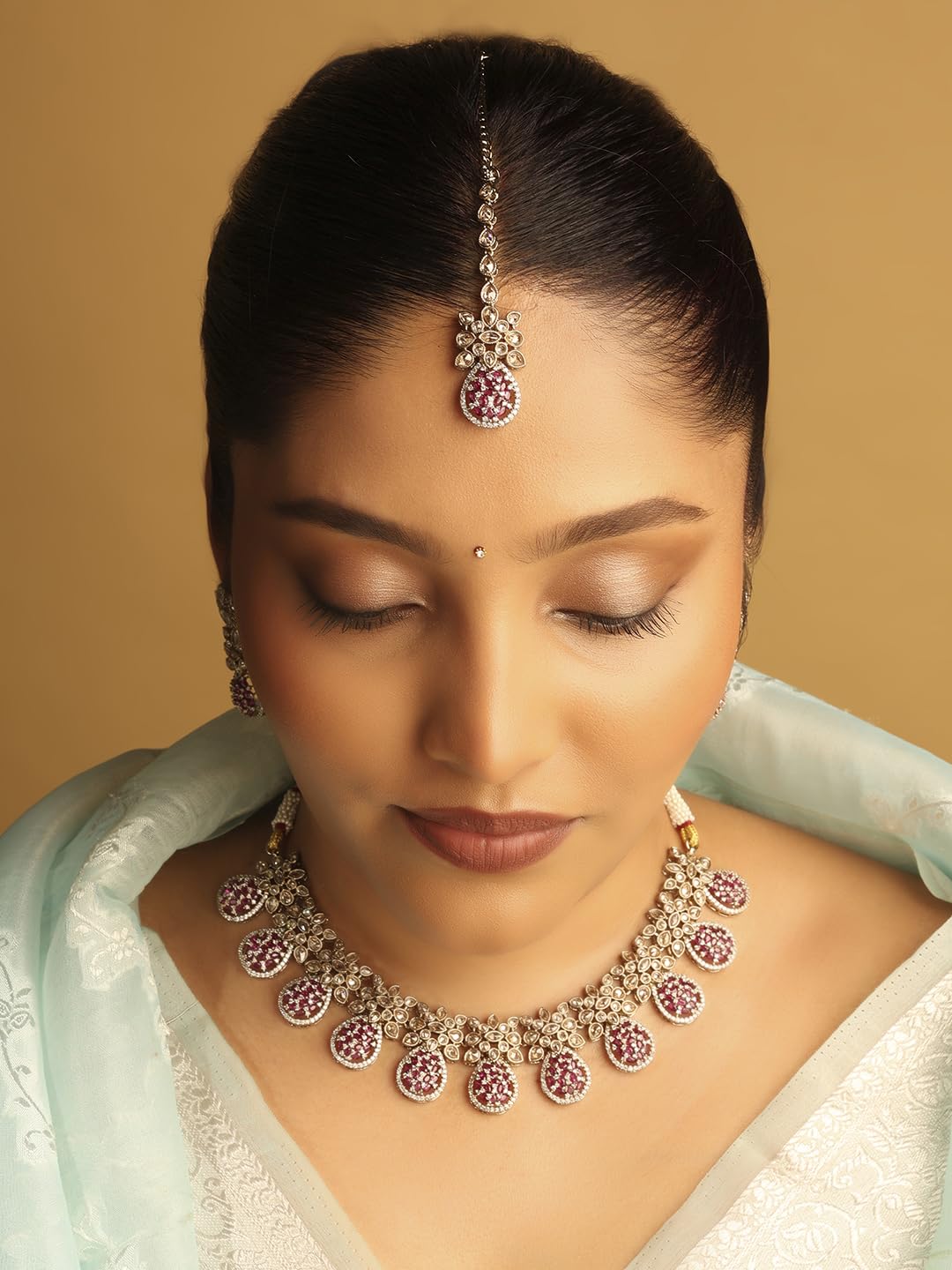 Saloni Fashion Jewellery Flower and Oval Shape Red Kundan Stone Antique Gold Plated Brass Choker Necklace Set with Maang Tikka For Women and Girls