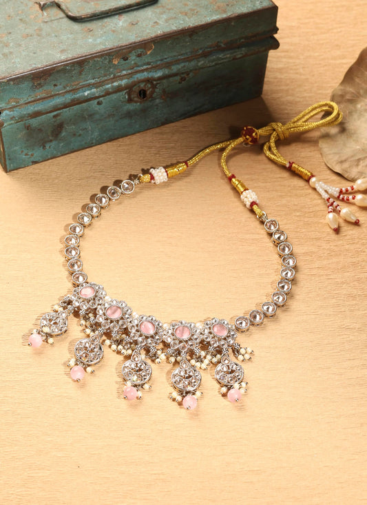 Saloni Fashion Jewellery Flower and Round Shape Pink Kundan Stone Antique Gold Plated Choker Necklace Set with Maang Tikka For Women and Girls