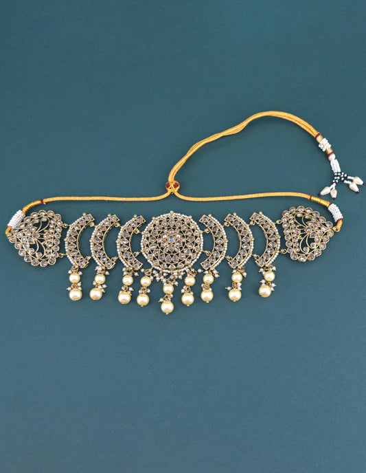 Saloni Fashion Jewellery Flower and Round Shape Uncut Kundan Gold Plated Choker Necklace Set with Maangtikka For Women and Girls
