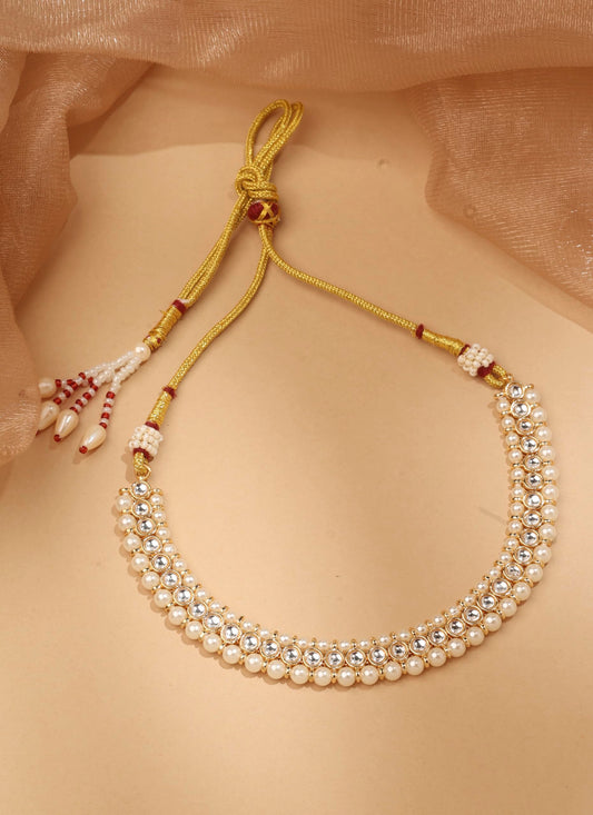 Saloni Fashion Jewellery Flower and Round Shape White Kundan Pearl Gold Plated Choker Necklace With Maang Tikka For Women and Girls