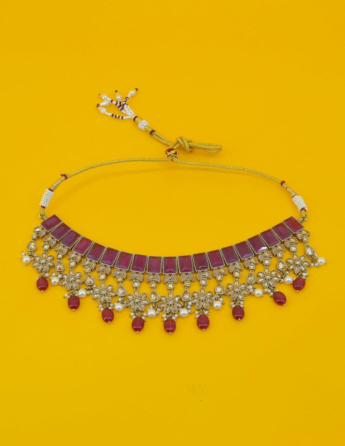 Saloni Fashion Jewellery Flower and Square Shape Red Uncut Kundan Gold Plated Choker Necklace Set with Maangtikka For Women and Girls