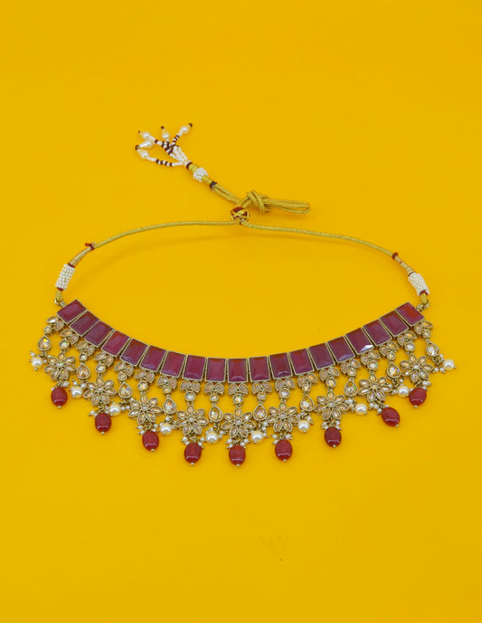 Saloni Fashion Jewellery Flower and Square Shape Red Uncut Kundan Gold Plated Choker Necklace Set with Maangtikka For Women and Girls