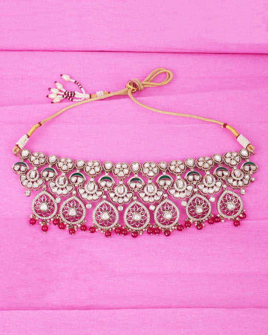 Saloni Fashion Jewellery Flower Design and Chandelier Shape Red Uncut Kundan Stone Antique Gold Plated Brass Choker Necklace Set For Women and Girls