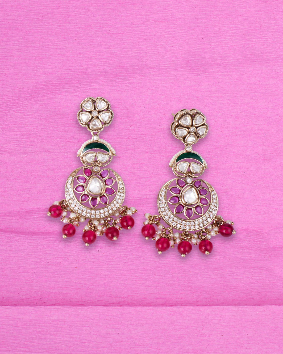 Saloni Fashion Jewellery Flower Design and Chandelier Shape Red Uncut Kundan Stone Antique Gold Plated Brass Choker Necklace Set For Women and Girls