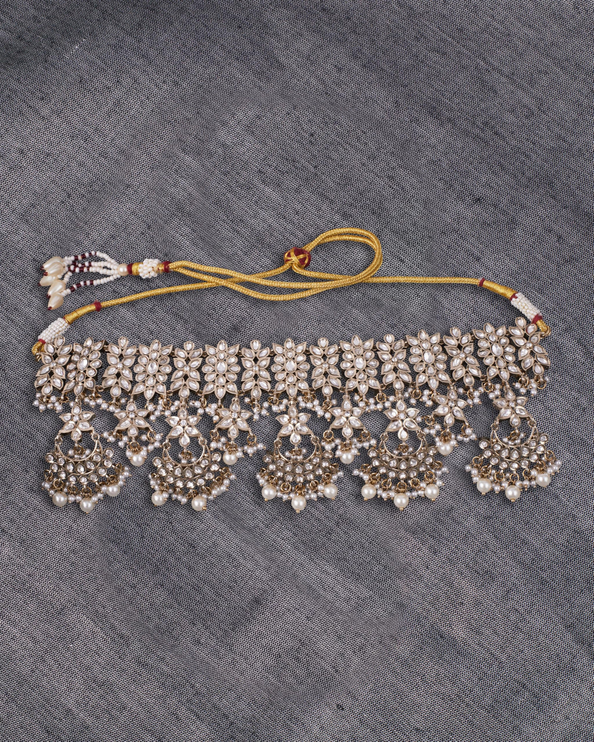 Saloni Fashion Jewellery Flower Design and Chandelier Shape White Uncut Kundan Stone Antique Gold Plated Brass Choker Necklace Set with Maang Tikka For Women and Girls