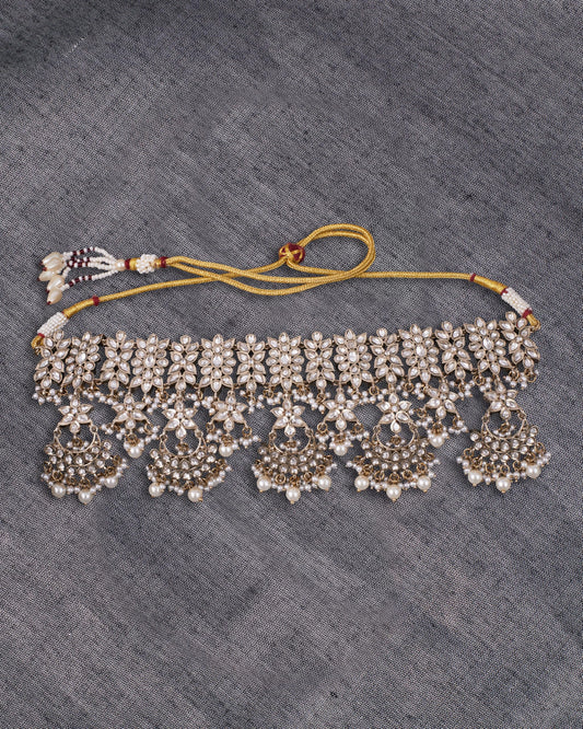 Saloni Fashion Jewellery Flower Design and Chandelier Shape White Uncut Kundan Stone Antique Gold Plated Brass Choker Necklace Set with Maang Tikka For Women and Girls
