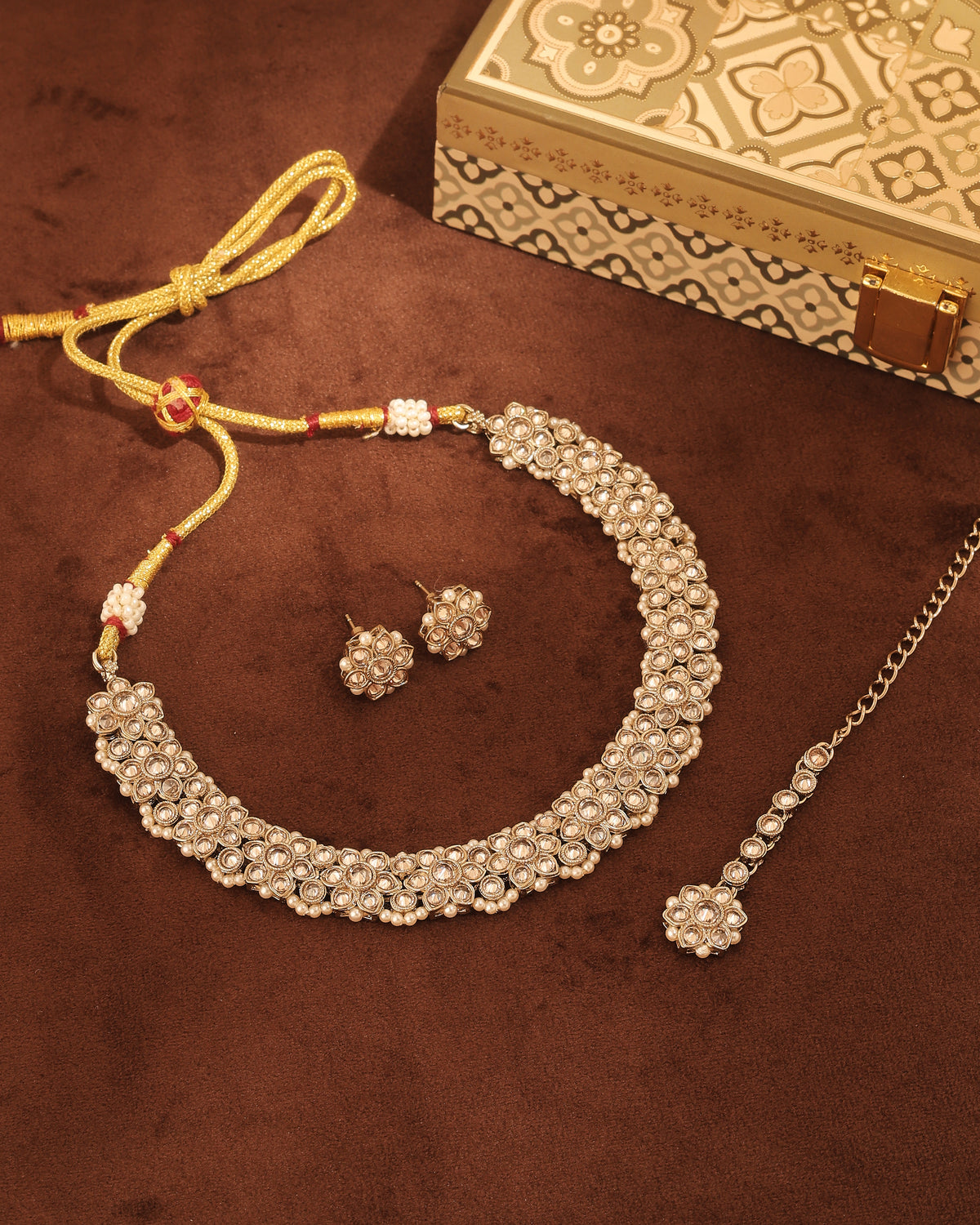 Flower Design Antique Gold Plated Brown Uncut Kundan Stone Choker Necklace Set | Saloni Fashion Jewellery, Mumbai
