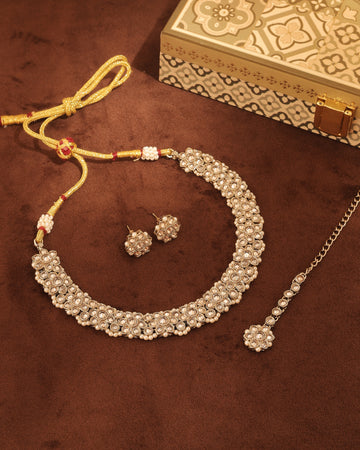Flower Design Antique Gold Plated Brown Uncut Kundan Stone Choker Necklace Set | Saloni Fashion Jewellery, Mumbai