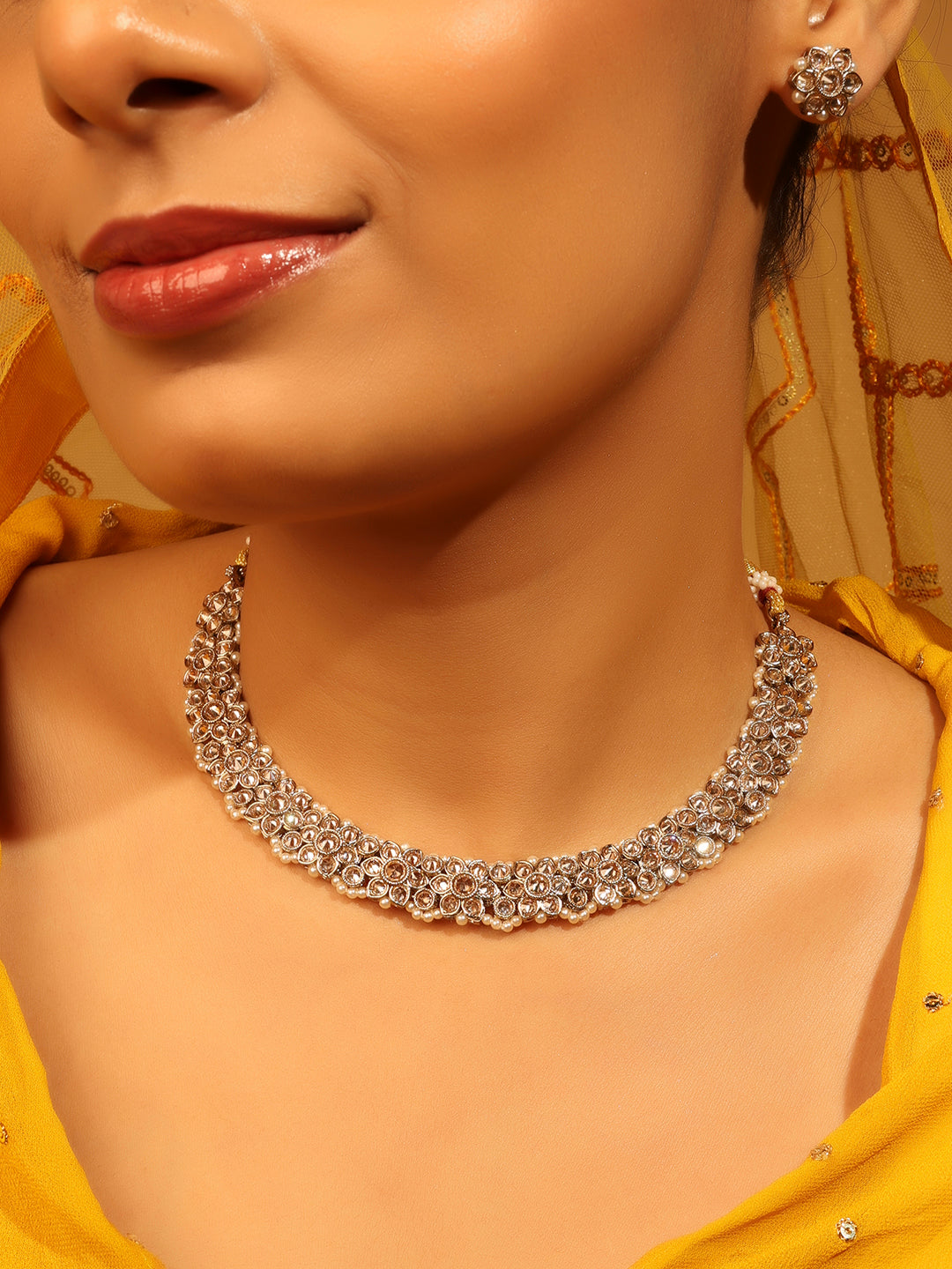 Flower Design Antique Gold Plated Brown Uncut Kundan Stone Choker - side view | Saloni Fashion Jewellery, Mumbai
