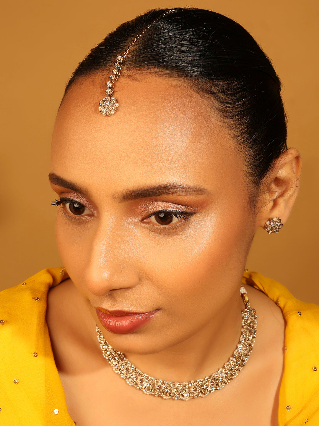 Flower Design Antique Gold Plated Brown Uncut Kundan Stone Choker - styled view | Saloni Fashion Jewellery, Mumbai