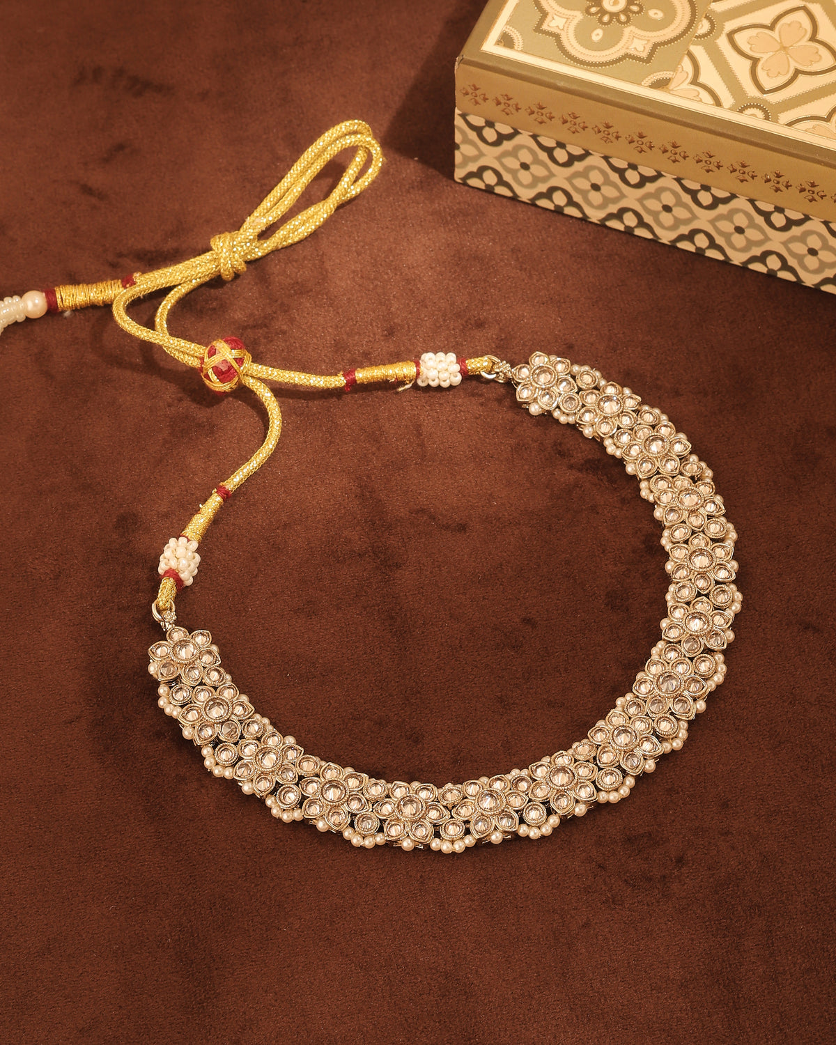 Flower Design Antique Gold Plated Brown Uncut Kundan Stone Choker - worn view | Saloni Fashion Jewellery, Mumbai