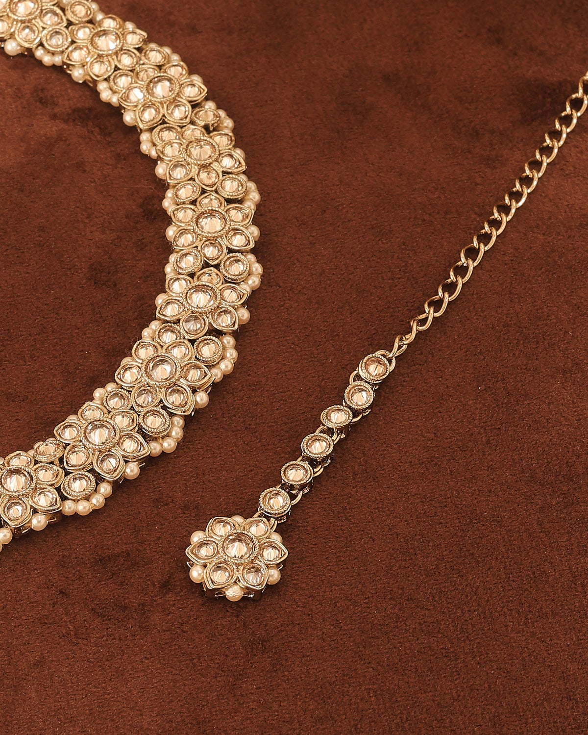 Flower Design Antique Gold Plated Brown Uncut Kundan Stone Choker - view 9 | Saloni Fashion Jewellery, Mumbai