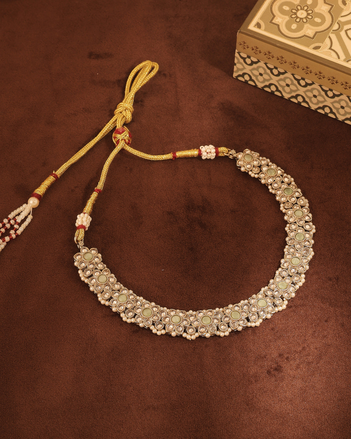 Flower Design Antique Gold Plated Light Green Uncut Kundan Stone - side view | Saloni Fashion Jewellery, Mumbai