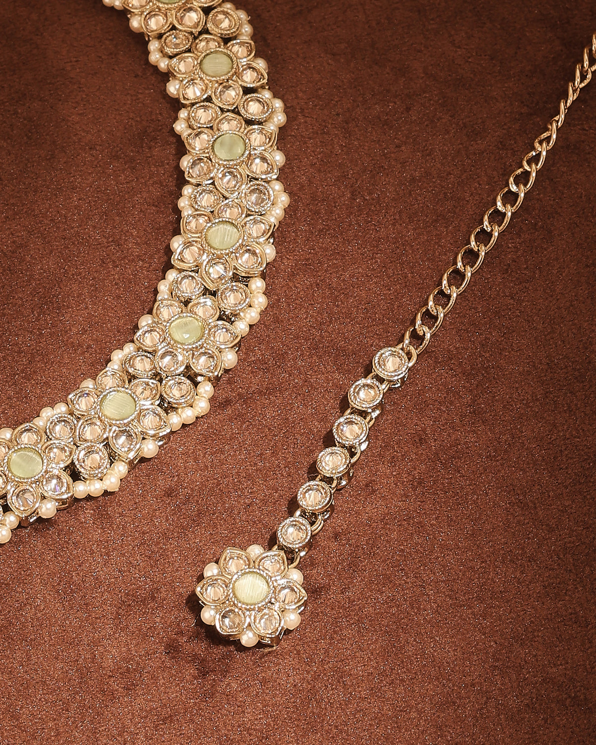 Flower Design Antique Gold Plated Light Green Uncut Kundan Stone - alternate view | Saloni Fashion Jewellery, Mumbai