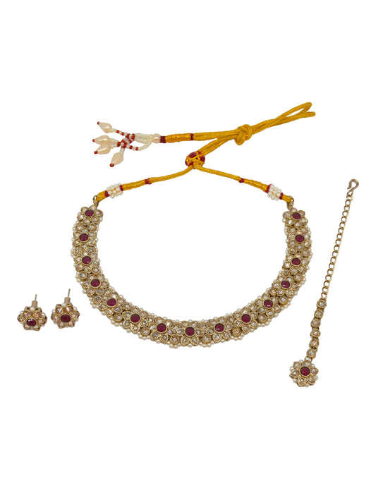 Flower Design Antique Gold Plated Red Uncut Kundan Stone Choker - close-up detail | Saloni Fashion Jewellery, Mumbai