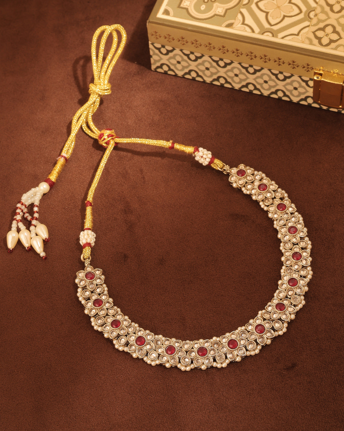 Flower Design Antique Gold Plated Red Uncut Kundan Stone Choker - side view | Saloni Fashion Jewellery, Mumbai