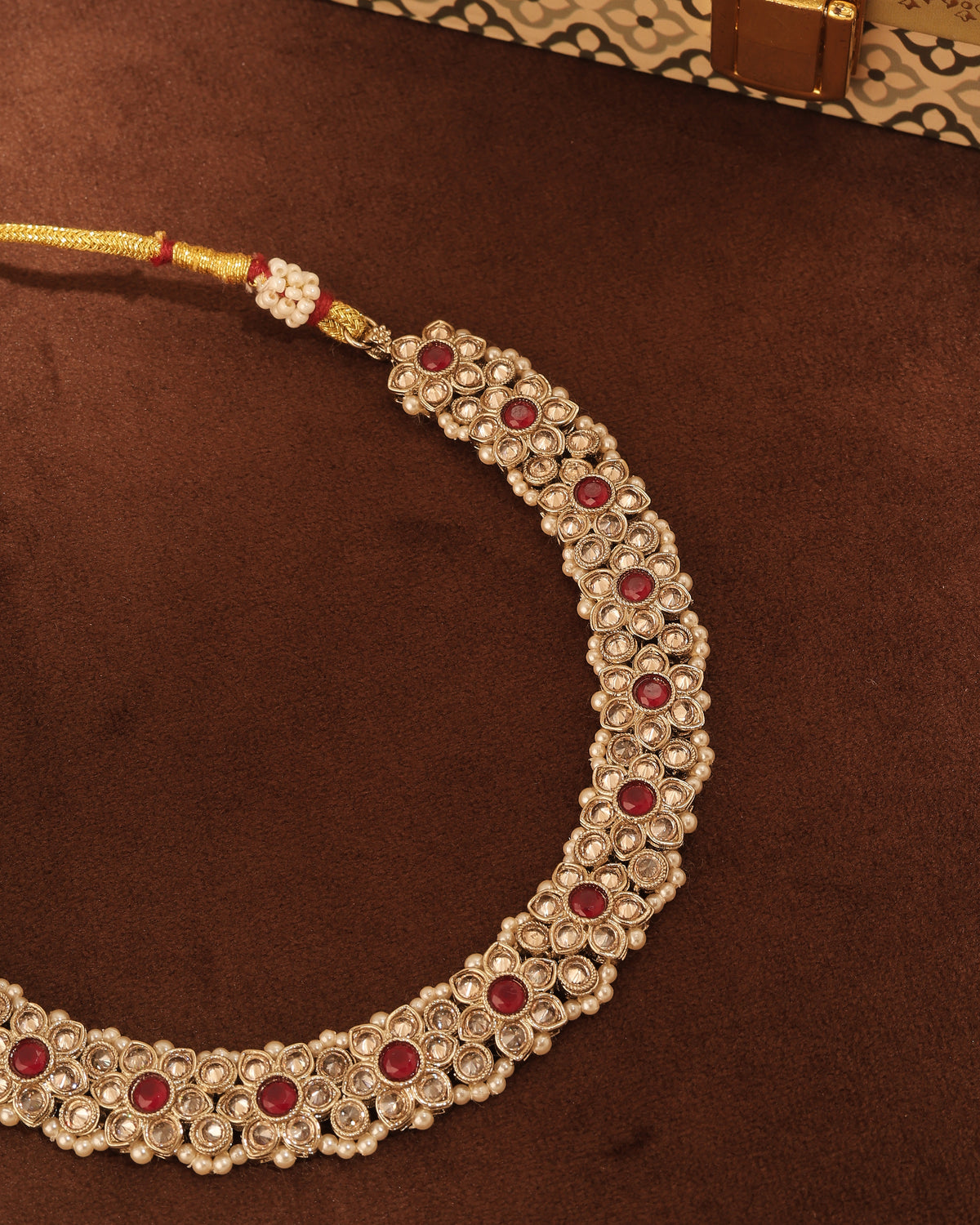Flower Design Antique Gold Plated Red Uncut Kundan Stone Choker - alternate view | Saloni Fashion Jewellery, Mumbai
