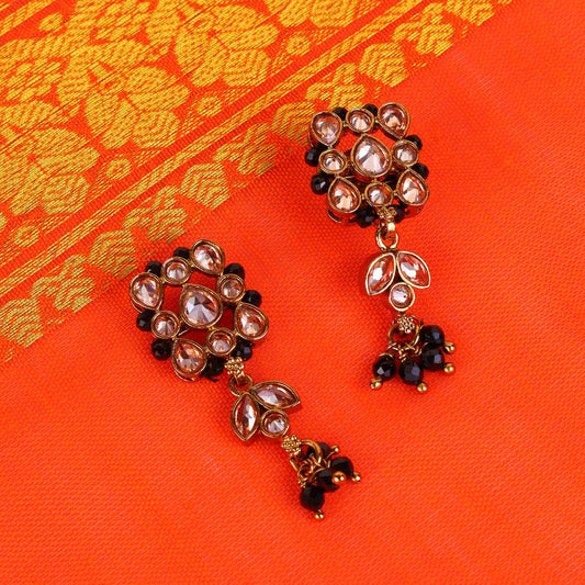 Saloni Fashion Jewellery Flower Design Black Beads Gold Plated Brass Dangle Earring For Women