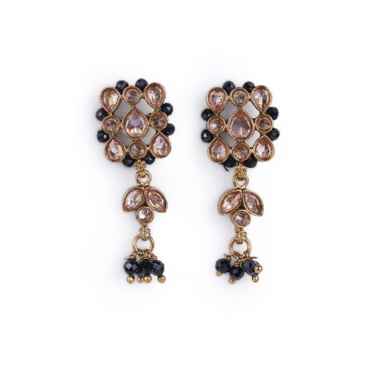 Saloni Fashion Jewellery Flower Design Black Beads Gold Plated Brass Dangle Earring For Women