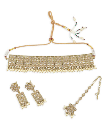 Saloni Fashion Jewellery Flower Design Brown Uncut Kundan Gold Plated Collar Necklace Set with Maangtikka For Women and Girls
