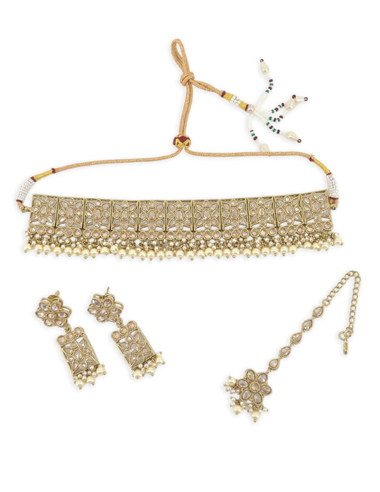 Saloni Fashion Jewellery Flower Design Brown Uncut Kundan Gold Plated Collar Necklace Set with Maangtikka For Women and Girls