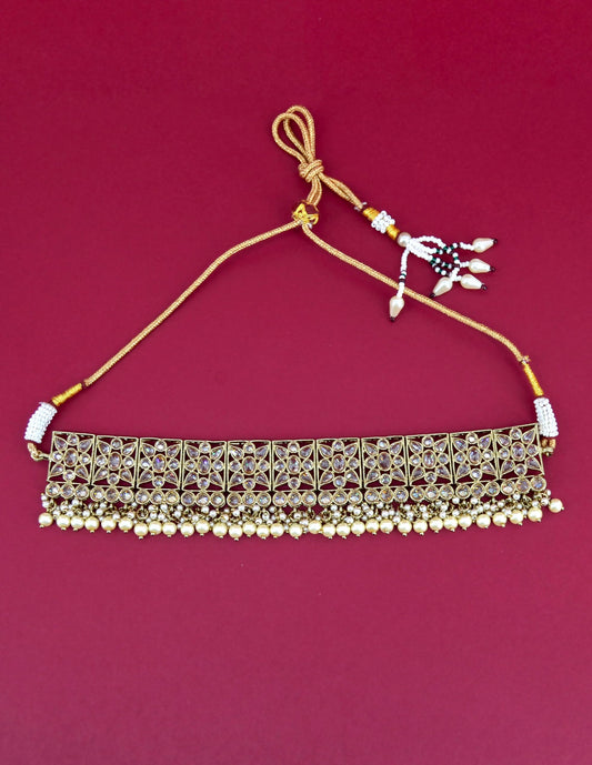 Saloni Fashion Jewellery Flower Design Brown Uncut Kundan Gold Plated Collar Necklace Set with Maangtikka For Women and Girls
