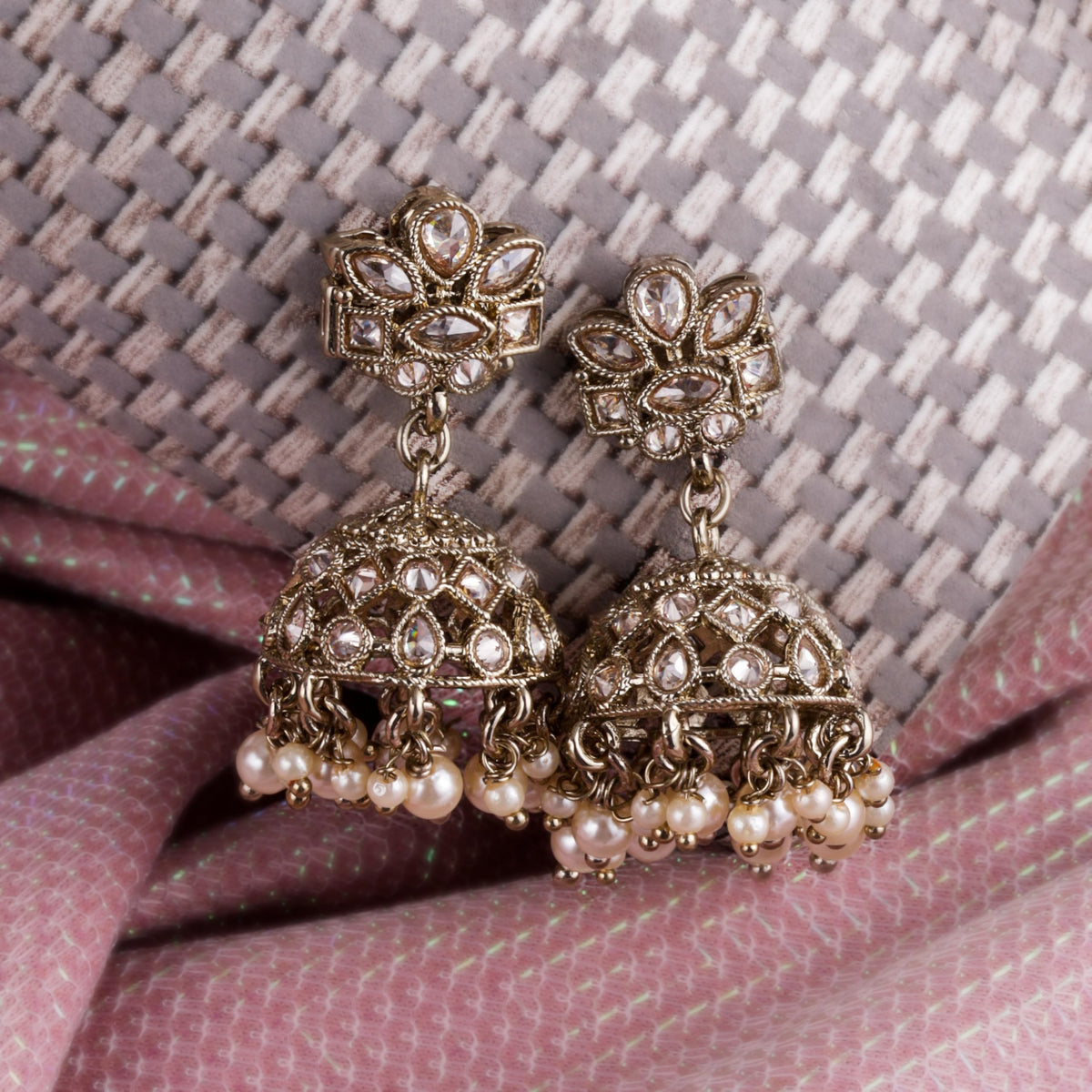 Saloni Fashion Jewellery Flower Design Brown Uncut Kundan Stone Antique Gold Plated Jhumki Earring For Women and Girls - view 3