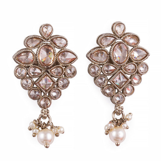 Saloni Fashion Jewellery Flower Design Brown Uncut Kundan Stone Mother of Pearl Antique Gold Plated Dangle Earring For Women and Girls