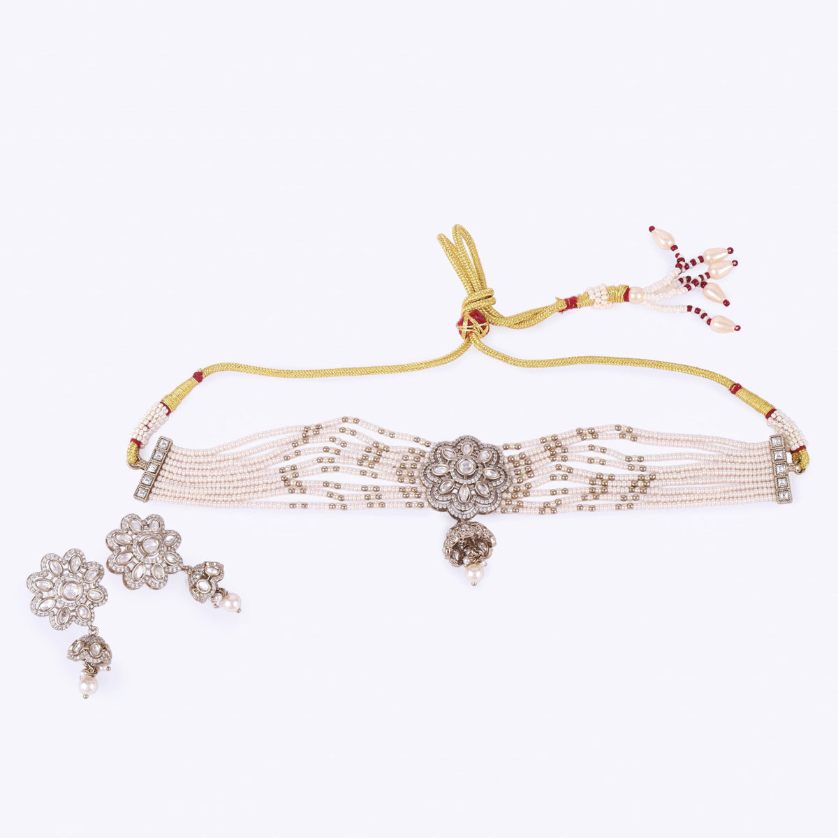 Saloni Fashion Jewellery Flower Design Gold Plated Pearl Choker Necklace Set For Women and Girls