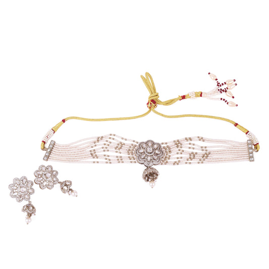 Saloni Fashion Jewellery Flower Design Gold Plated Pearl Choker Necklace Set For Women and Girls