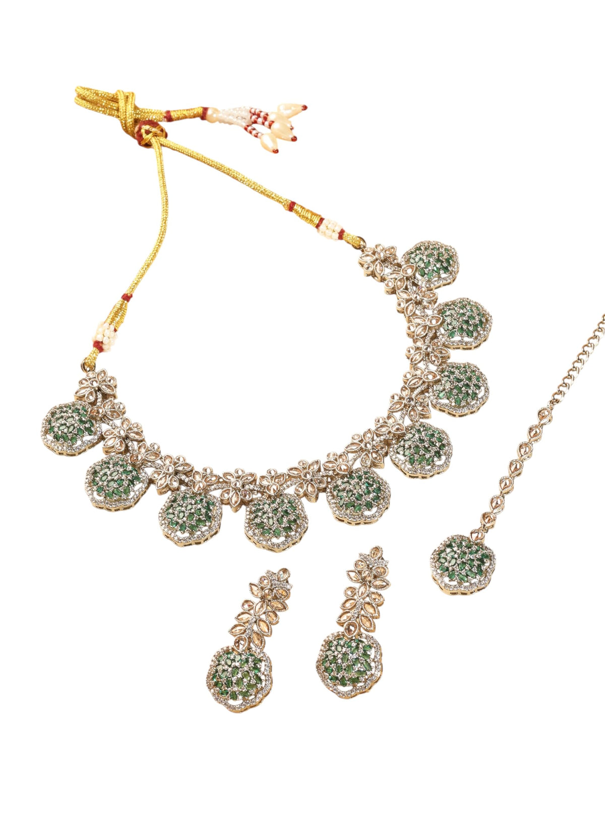 Saloni Fashion Jewellery Flower Design Green Kundan Stone Antique Gold Plated Brass Choker Necklace Set with Maang Tikka For Women and Girls