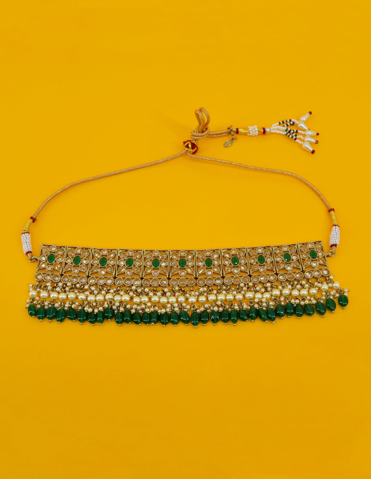 Saloni Fashion Jewellery Flower Design Green Uncut Kundan Gold Plated Collar Necklace Set with Maangtikka For Women and Girls