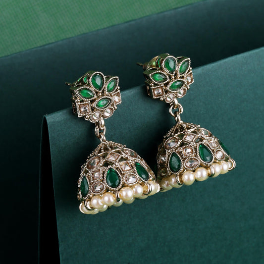Saloni Fashion Jewellery Flower Design Green Uncut Kundan Stone Antique Gold Plated Jhumki Earring For Women and Girls
