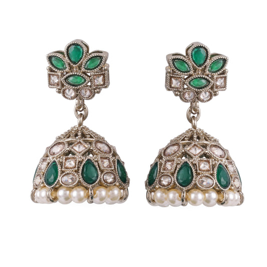Saloni Fashion Jewellery Flower Design Green Uncut Kundan Stone Antique Gold Plated Jhumki Earring For Women and Girls