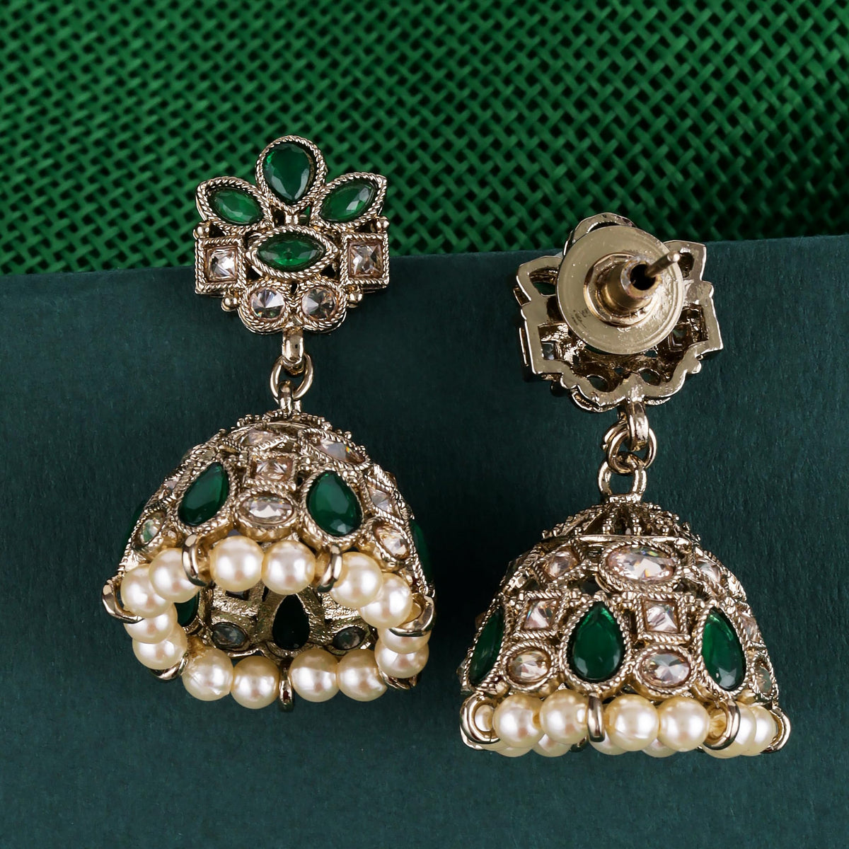 Saloni Fashion Jewellery Flower Design Green Uncut Kundan Stone Antique Gold Plated Jhumki Earring For Women and Girls
