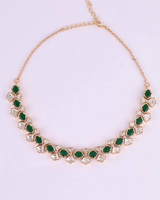 Saloni Fashion Jewellery Flower Design Green Uncut Kundan Stone Antique Gold Plated Brass Choker Necklace Set with Maang Tikka For Women and Girls