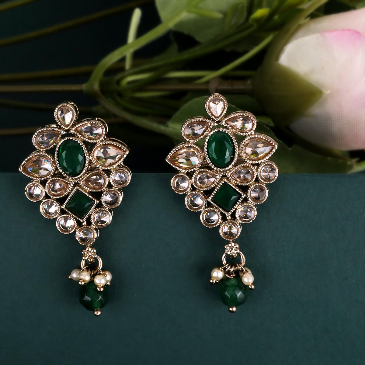 Saloni Fashion Jewellery Flower Design Green Uncut Kundan Stone Mother of Pearl Antique Gold Plated Dangle Earring For Women and Girls